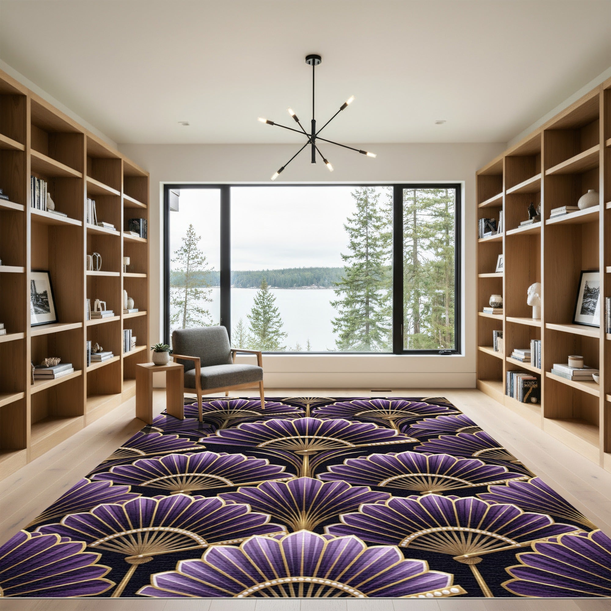 Rich Purple Gold Fan Art Deco Rug