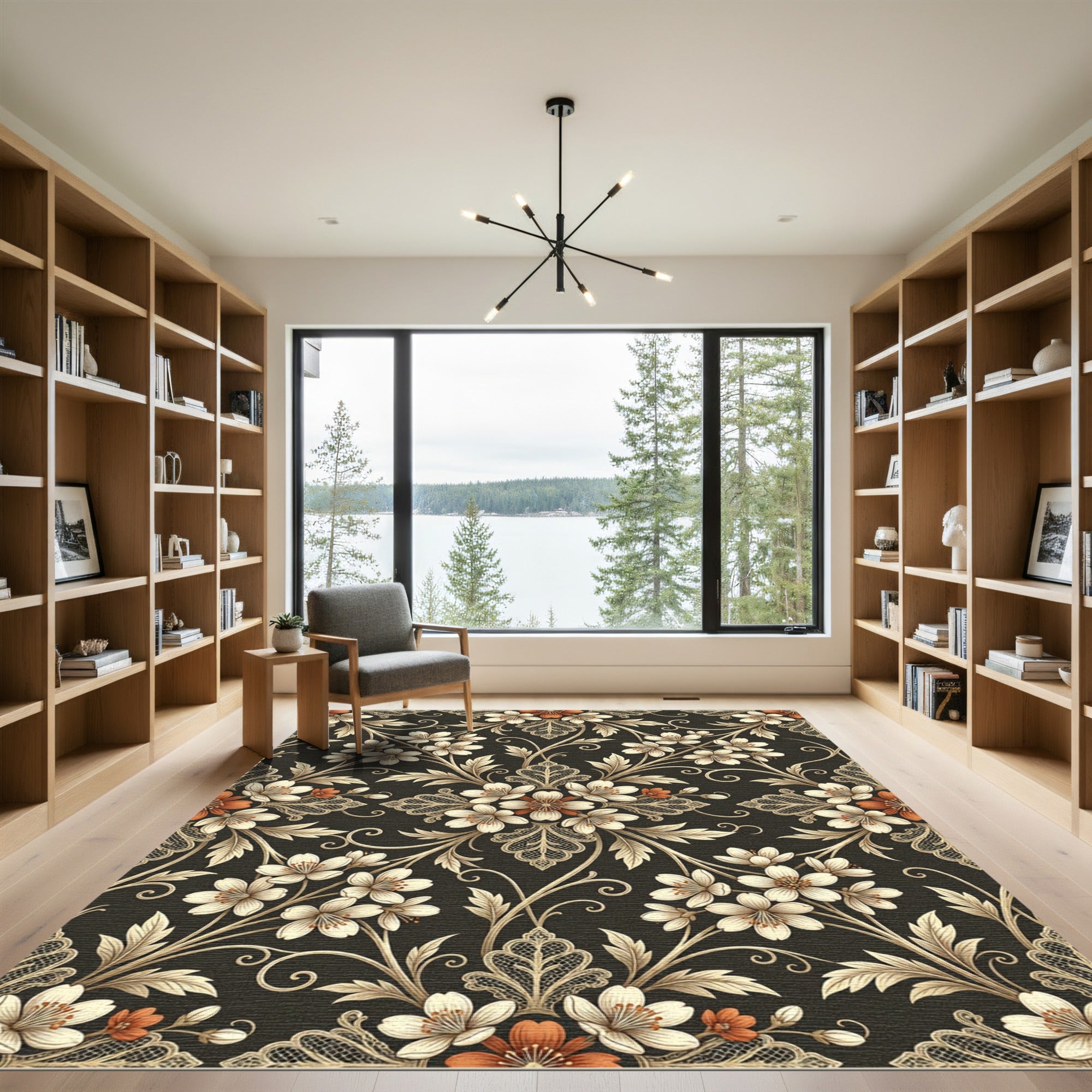 Cream Floral Lace Swirls Dark Background Rug
