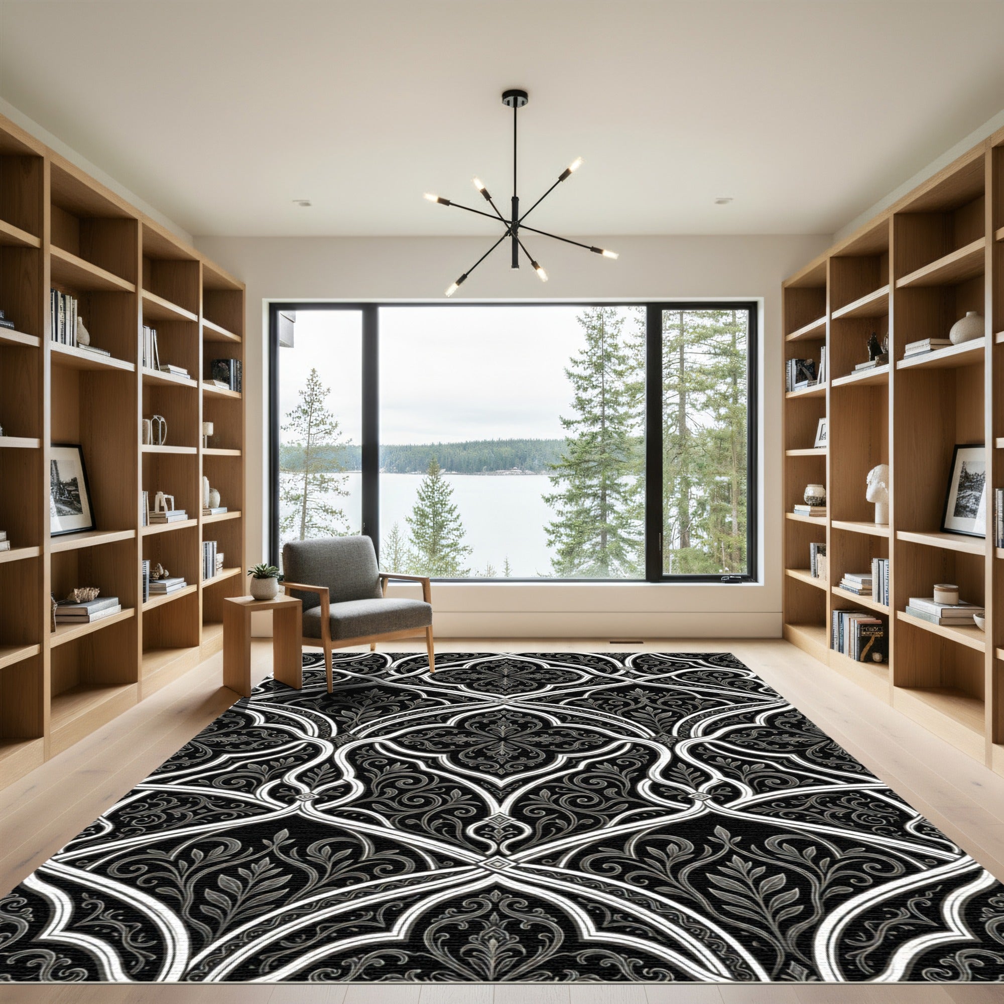 Black White Interlocking Arabesque Filigree Rug