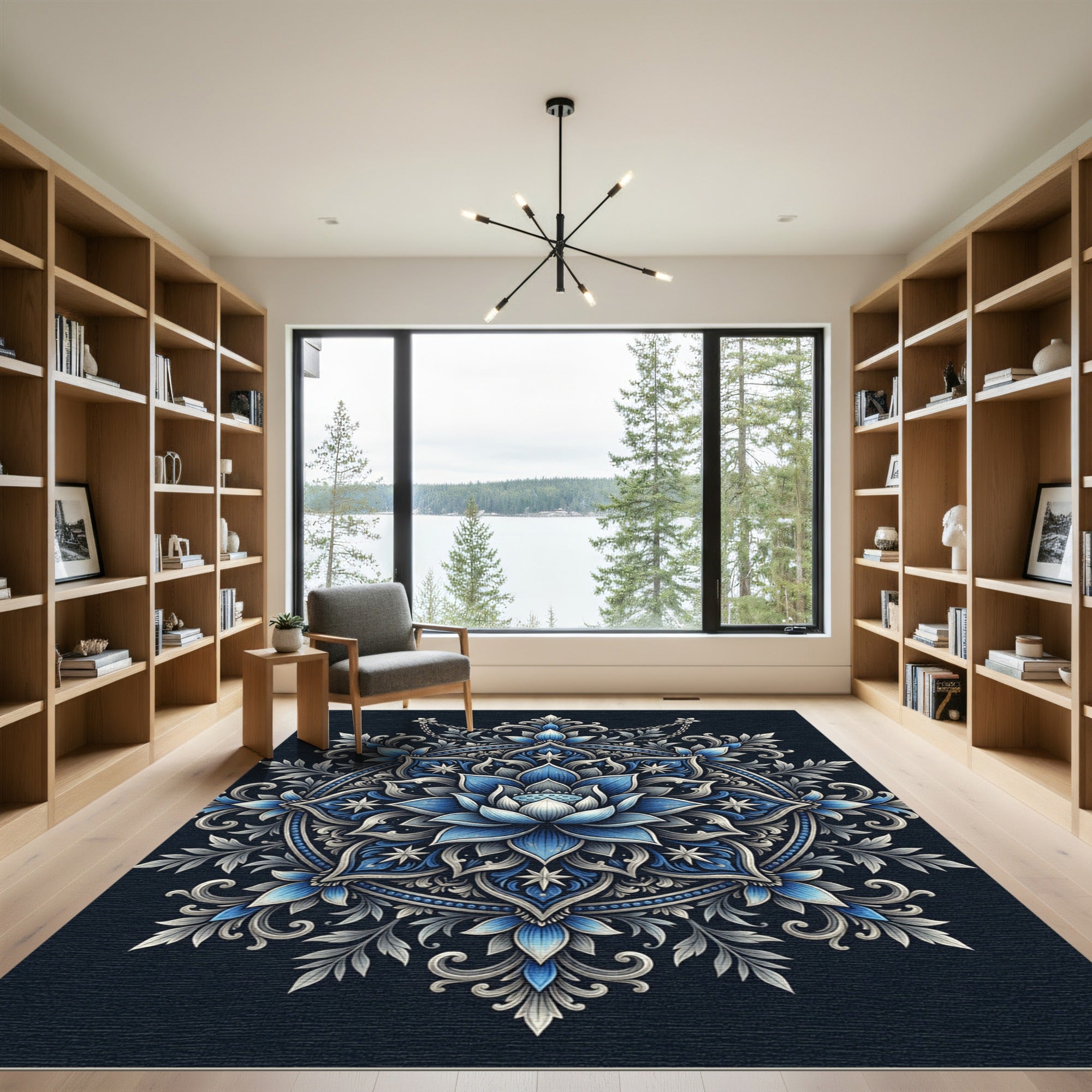 Elegant Navy Blue Lotus Mandala Rug