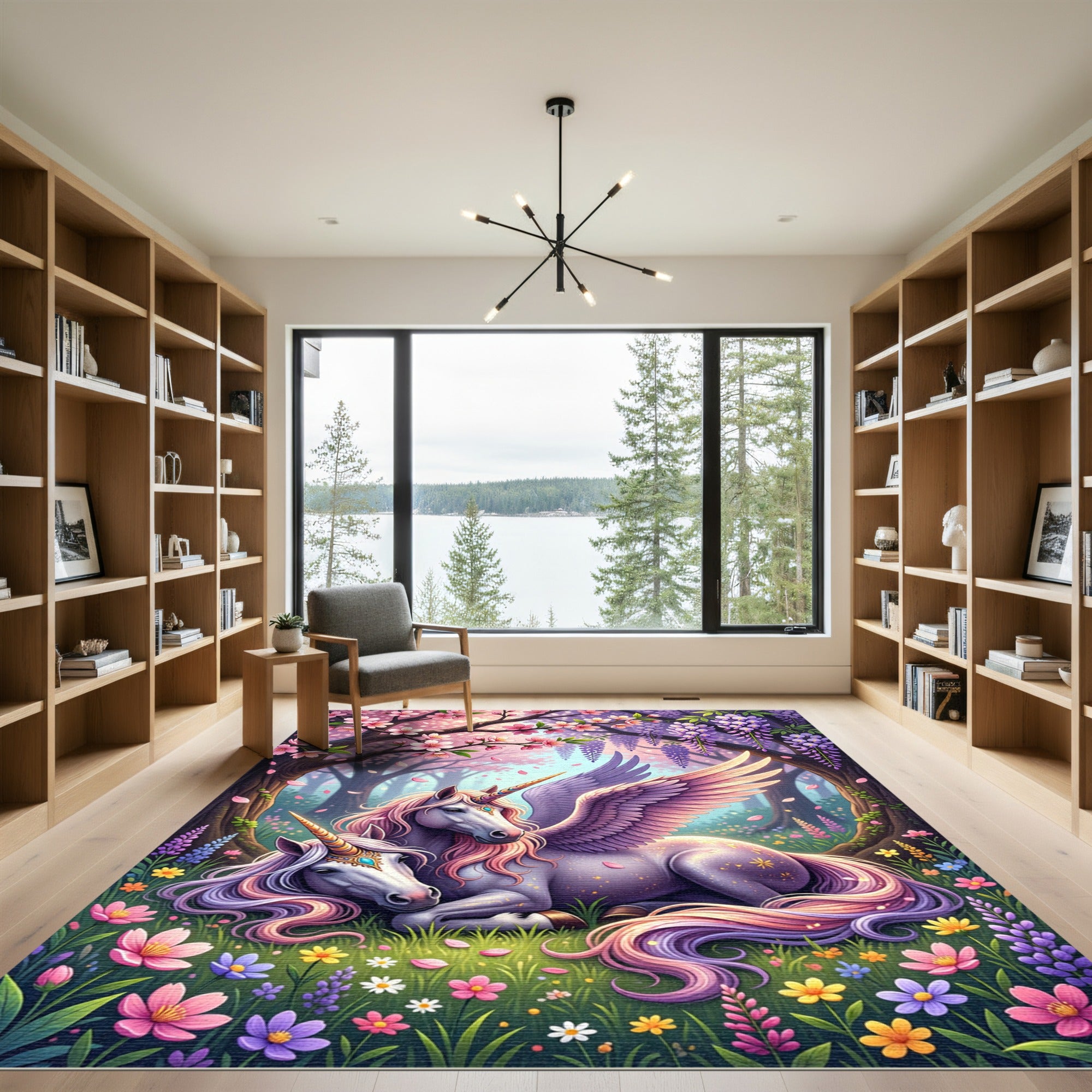 Whimsical Winged Unicorn Forest Garden Charm Rug