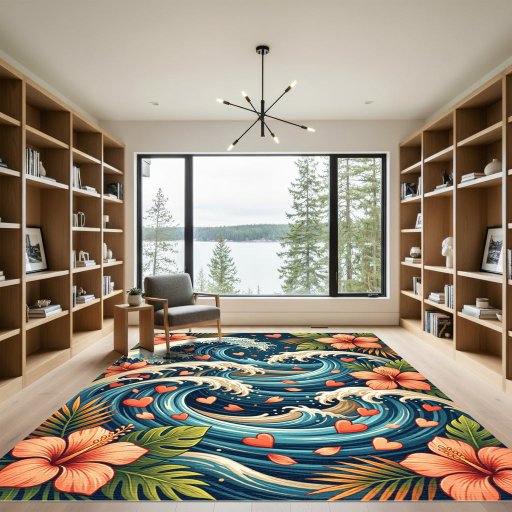 Coral Hibiscus Ocean Hearts Waves Rug