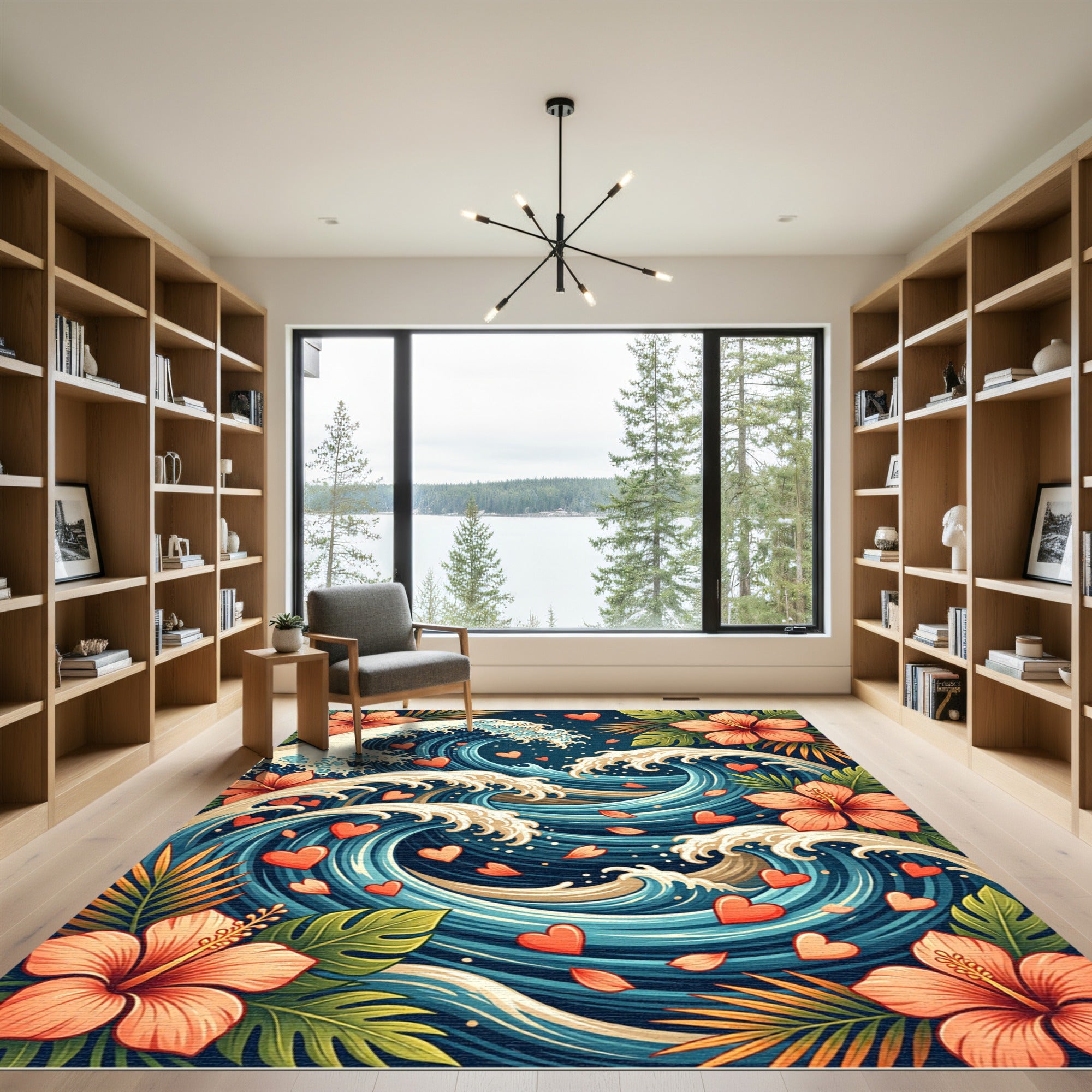 Coral Hibiscus Ocean Hearts Waves Rug