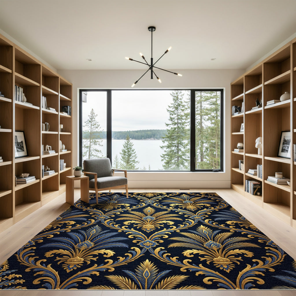 Ornate Gold and Navy Foliage Damask Rug