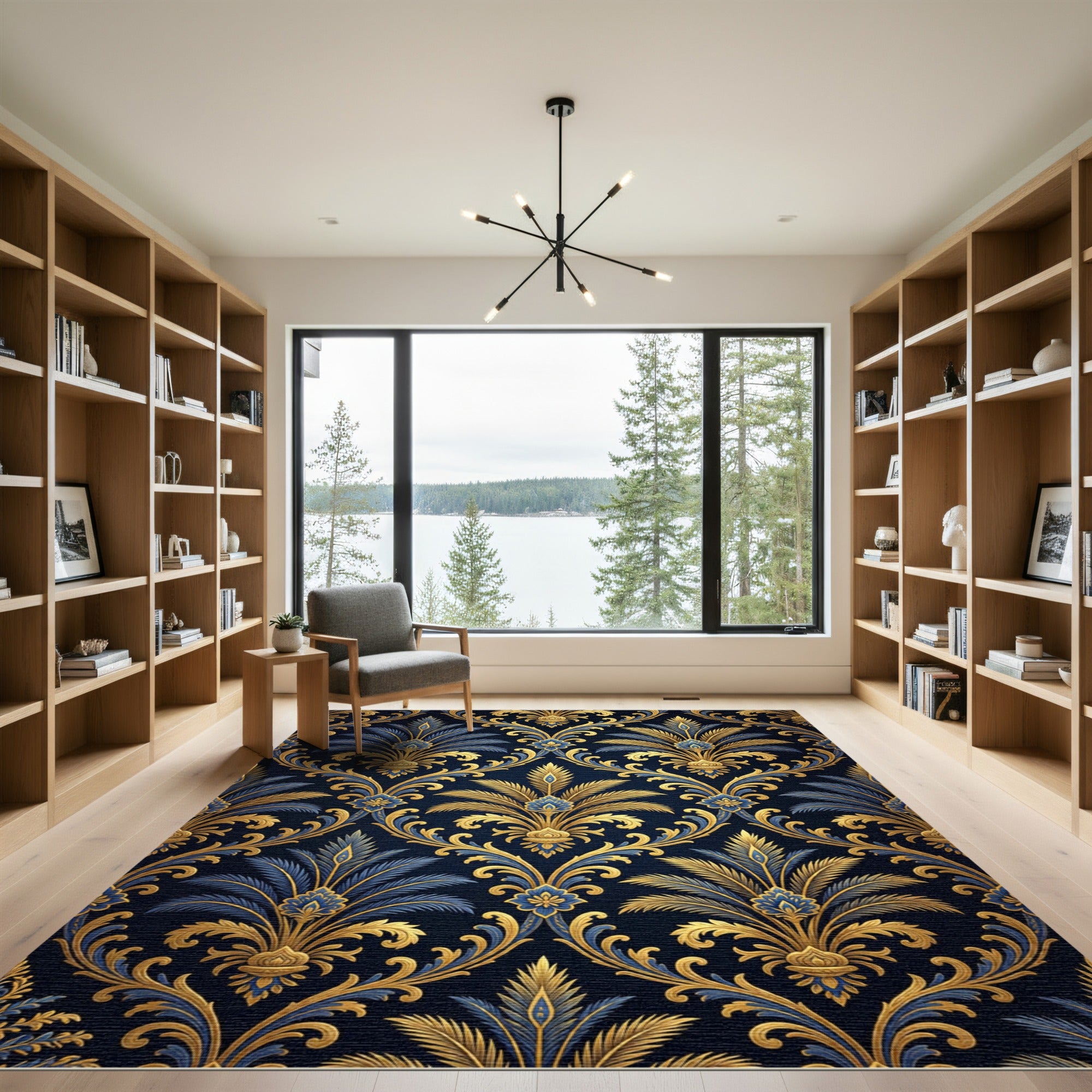Ornate Gold and Navy Foliage Damask Rug