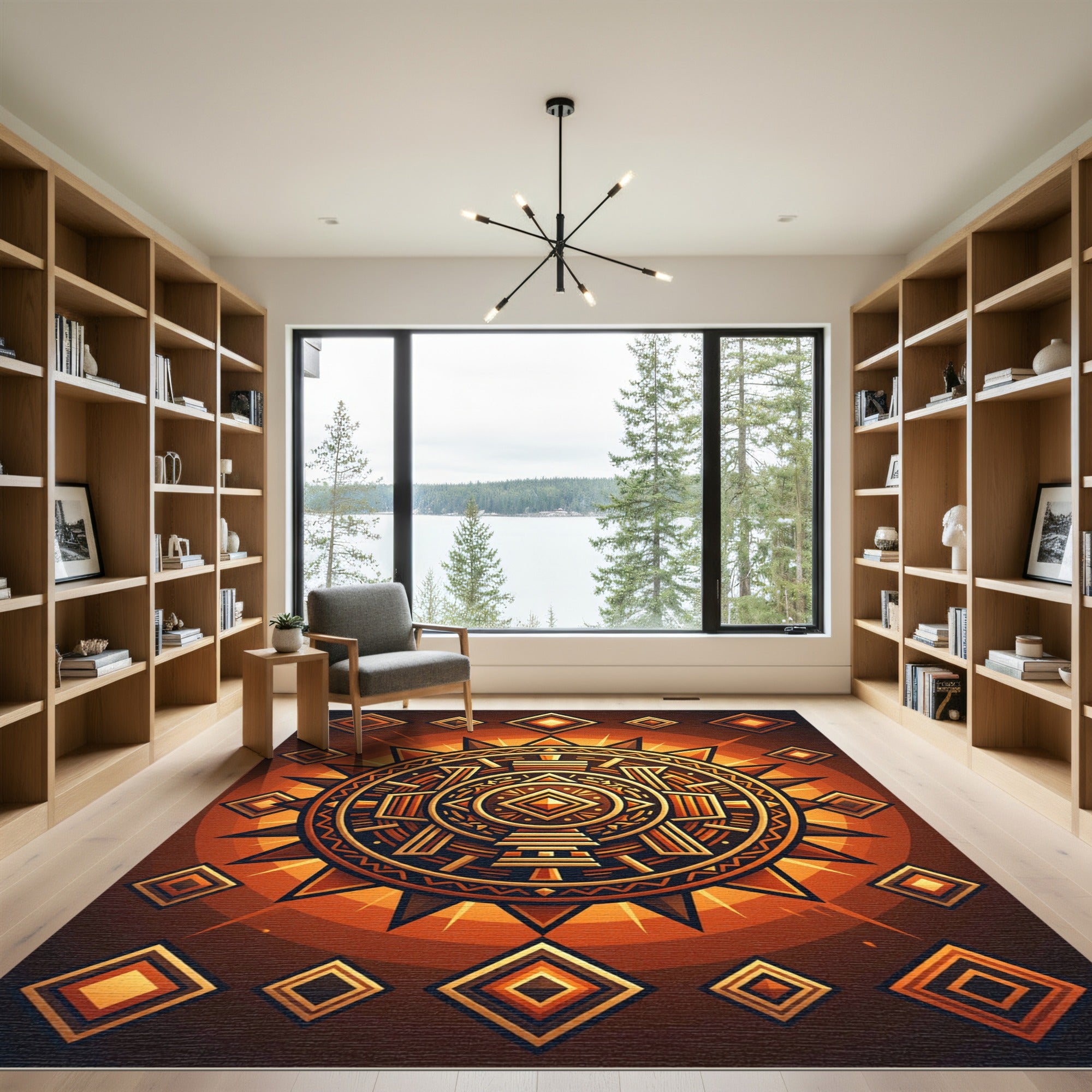 Radiant Amber Aztec Sun Geometric Rug
