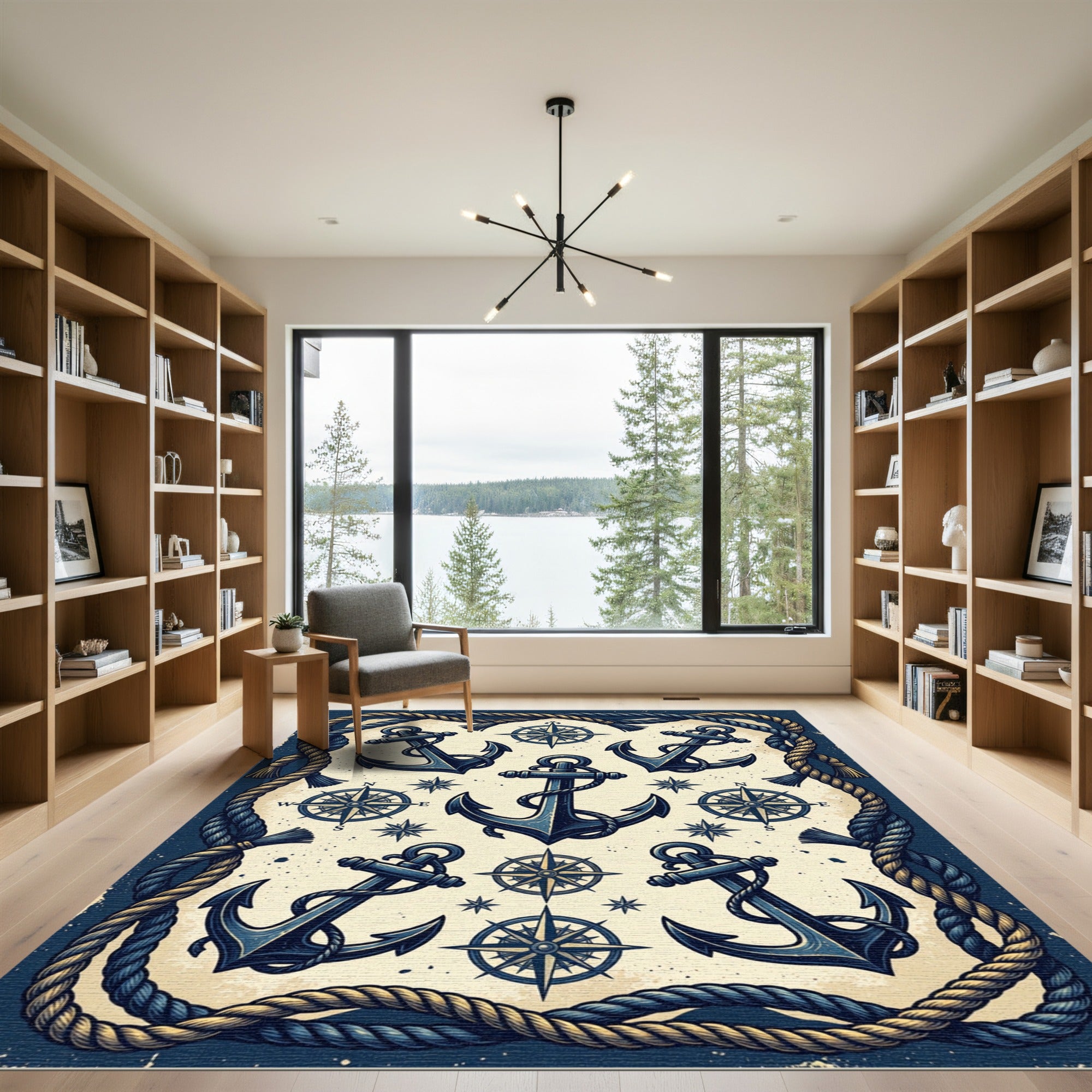 Nautical Navy Anchor and Compass Rope Rug