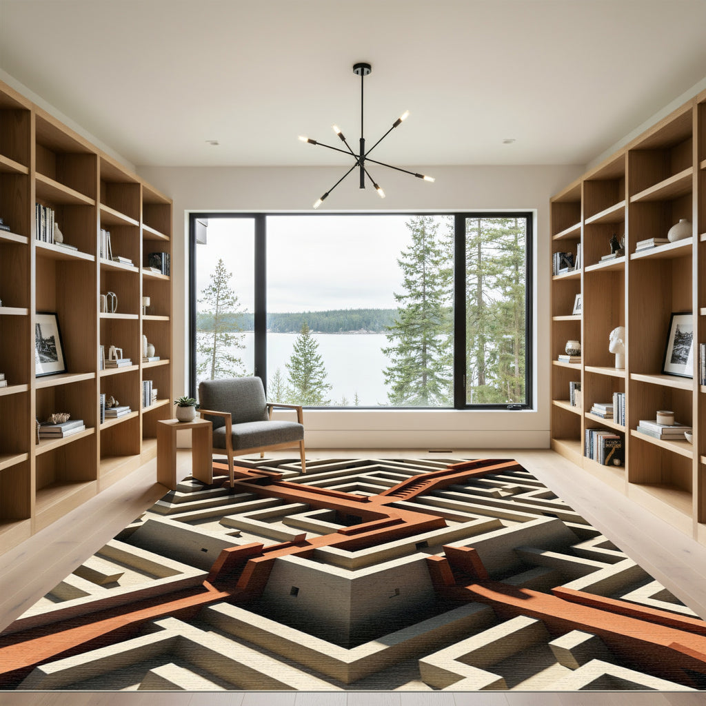 Terracotta Isometric Labyrinth Geometric Rug
