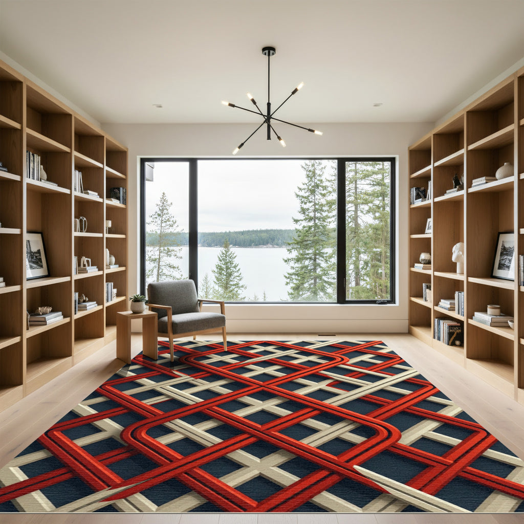 Red Cream Interlocking Lattice Rug