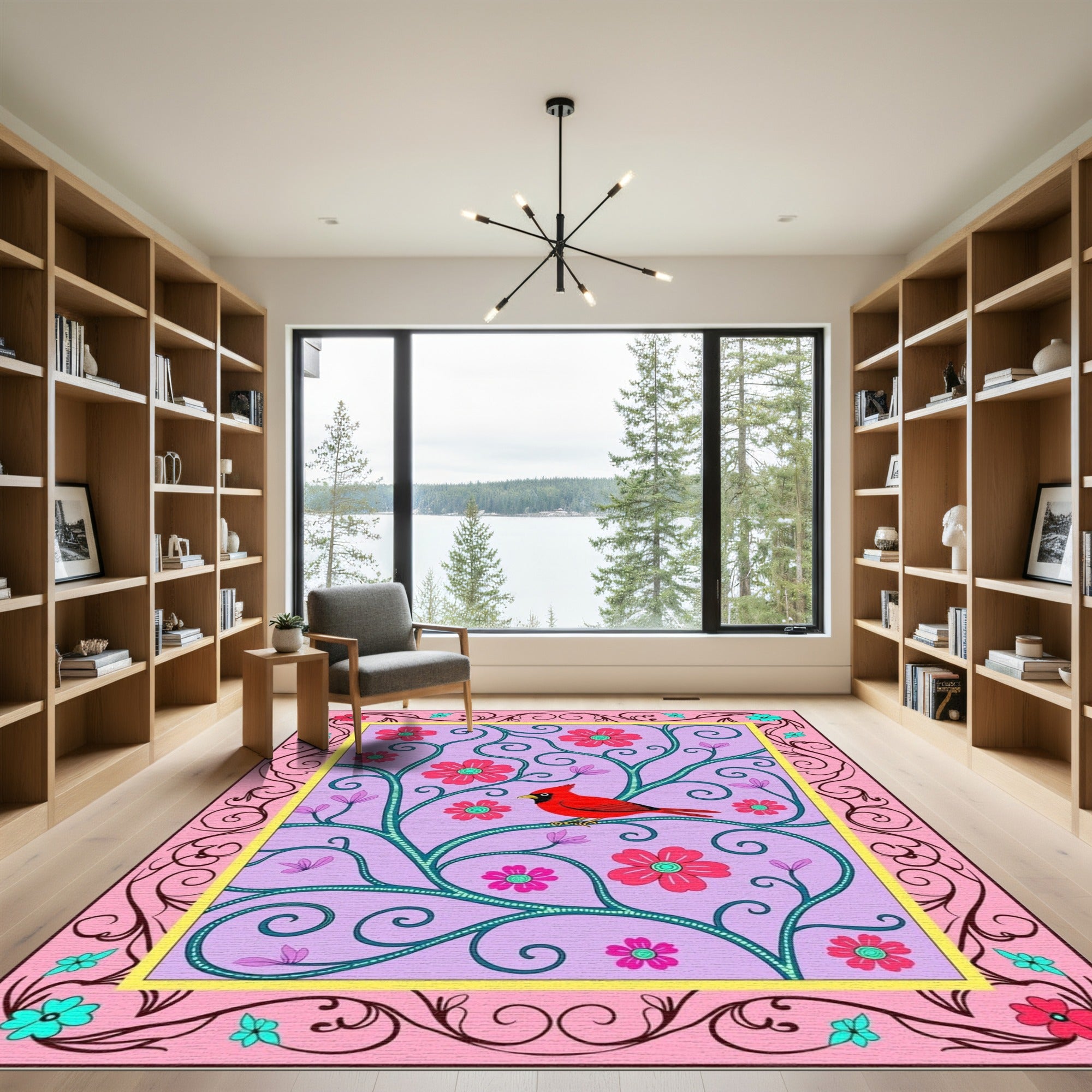 Whimsical Red Cardinal Floral Vine Rug