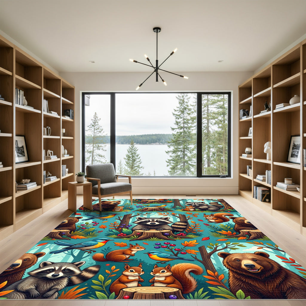 Whimsical Woodland Animals Forest Meadow Scene Rug