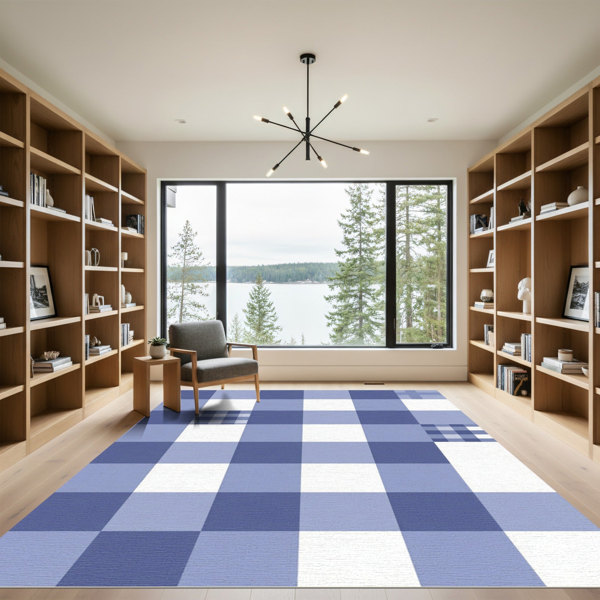 Classic Blue Gingham Checkered Squares Rug