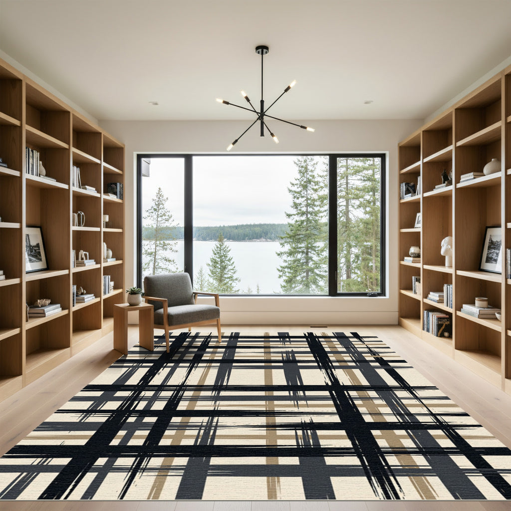 Brushstroke Plaid Black Gray Tan Rug