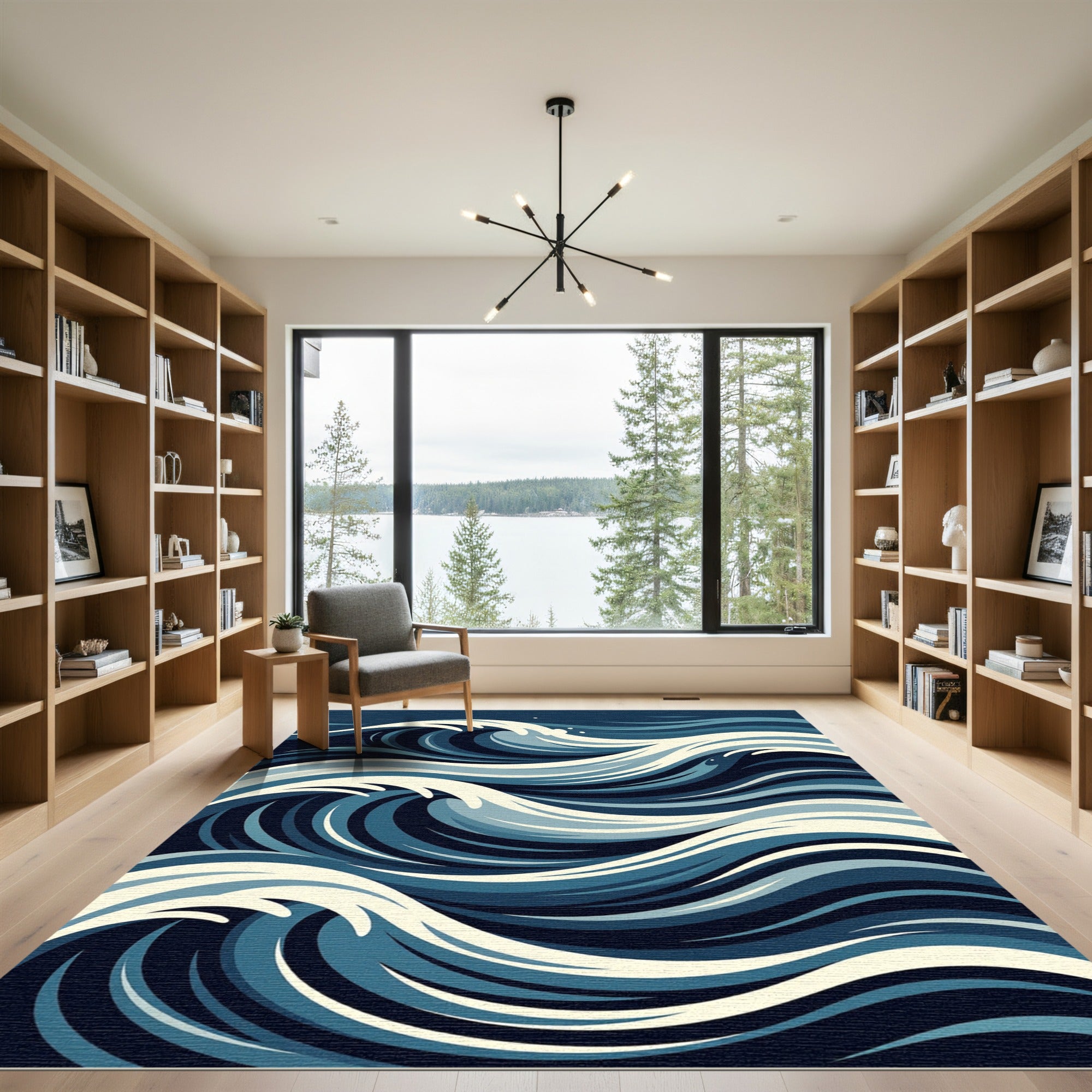 Modern Indigo Abstract Sea Wave Rug