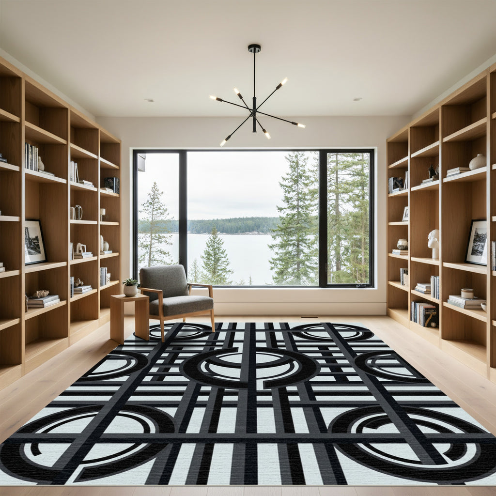 Geometric Black Circle Grid Rug