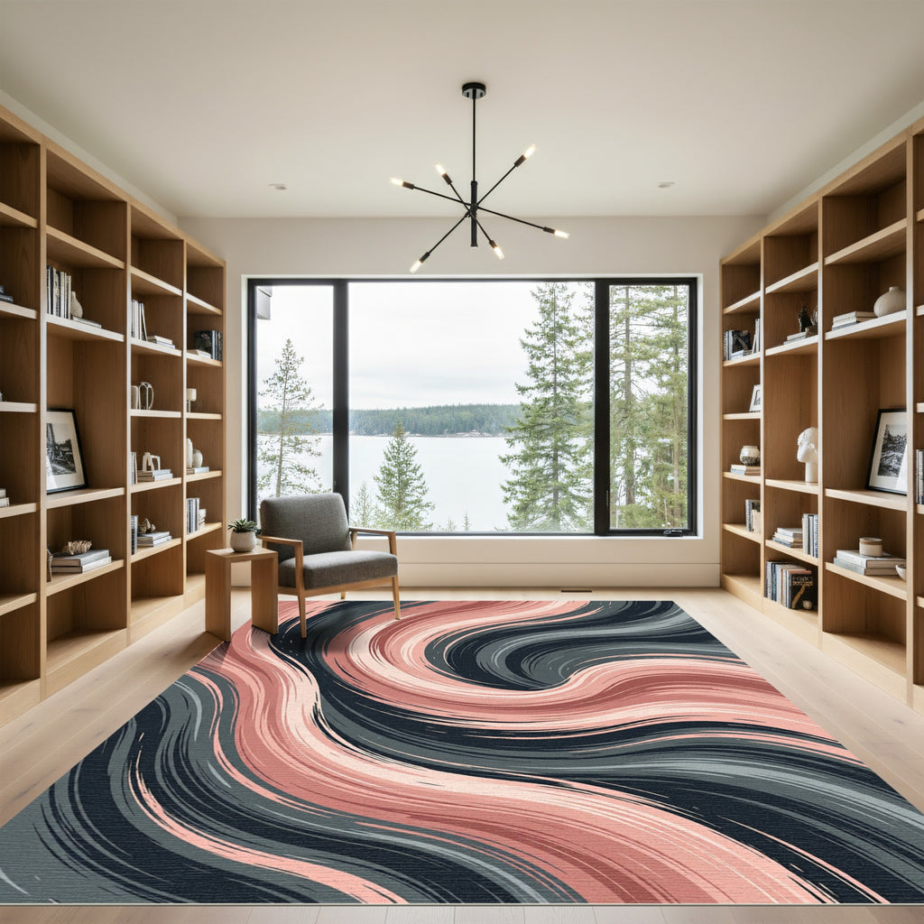 Modern Dusty Rose and Charcoal Swirl Rug