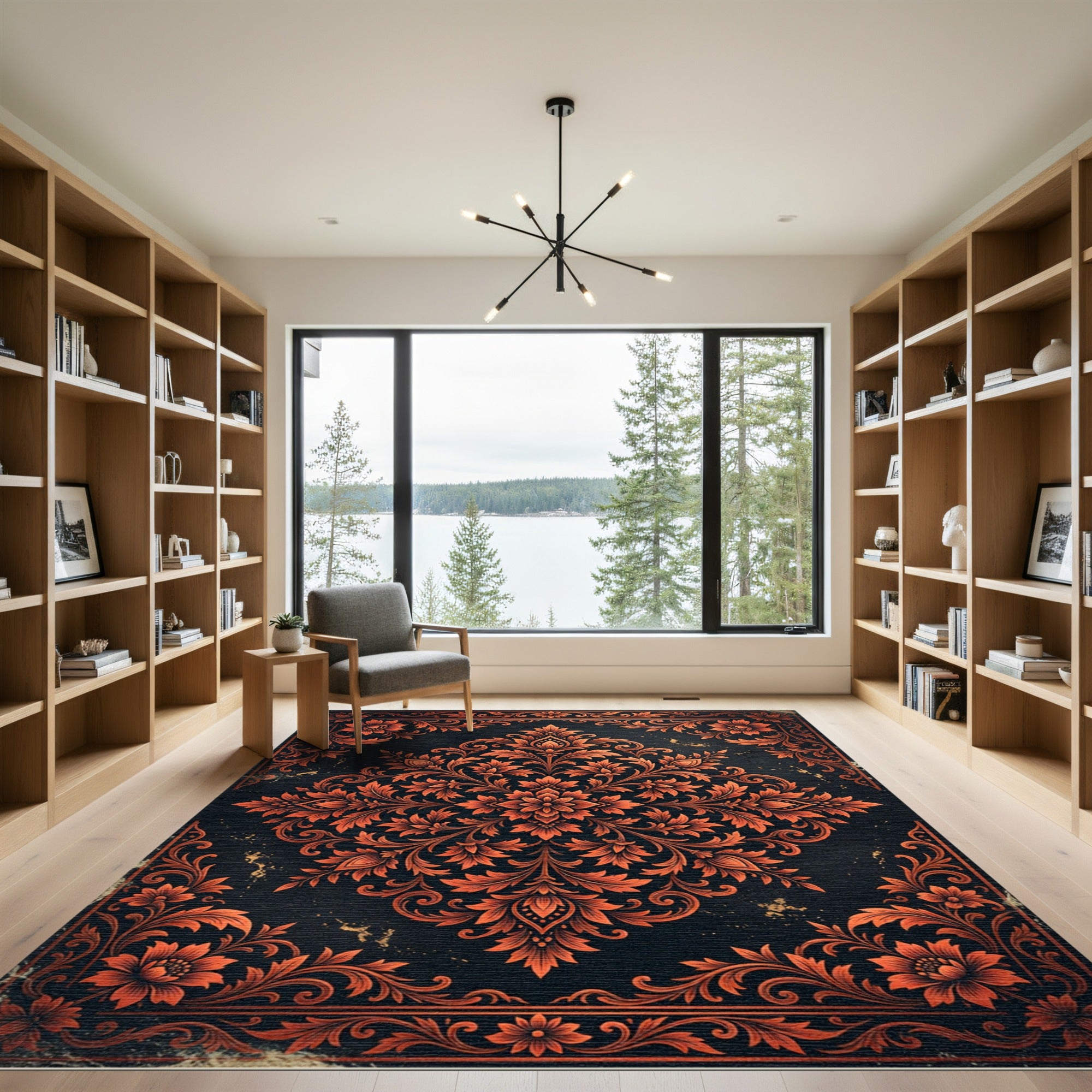 Ornate Copper Floral Damask Medallion Rug