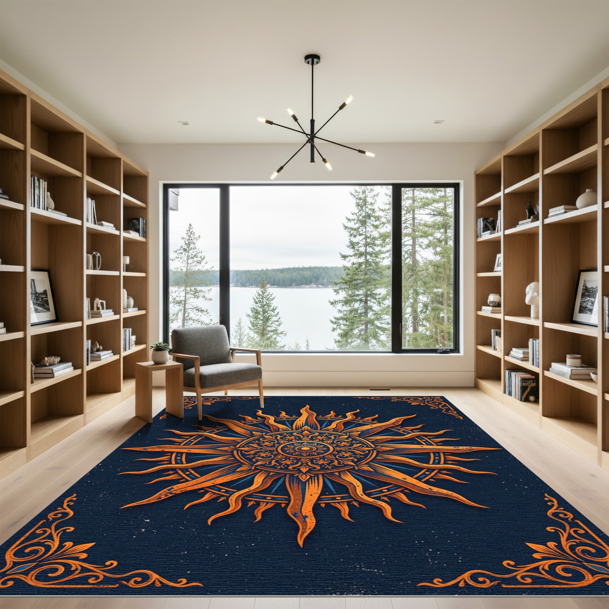 Celestial Gold Sun Mandala Navy Rug