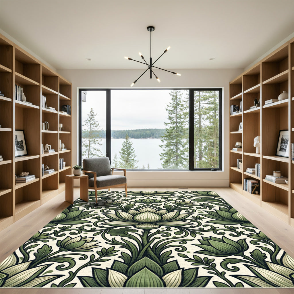 Earthy Sage Lotus Botanical Scroll Rug