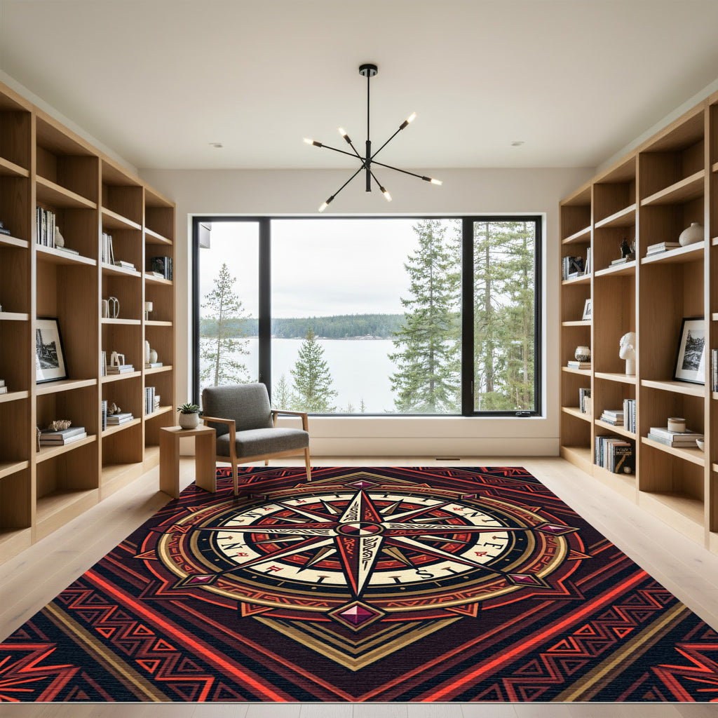 Geometric Compass Medallion Crimson Black Rug