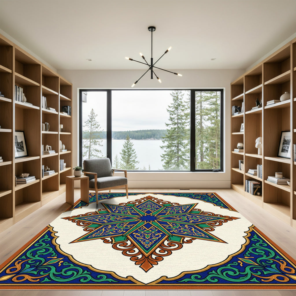 Ornate Teal Blue Golden Star Medallion Rug