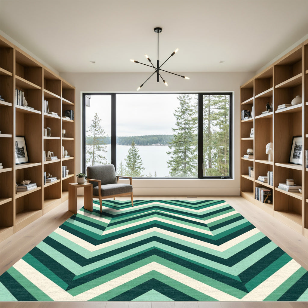 Modern Emerald Chevron Geometric Stripe Rug