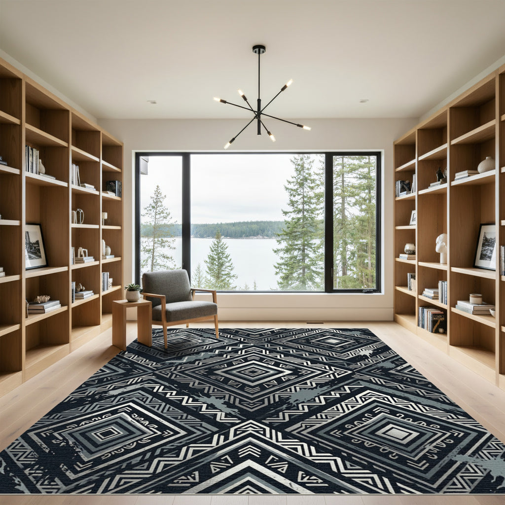 Monochrome Silver Tribal Diamond Geometric Rug