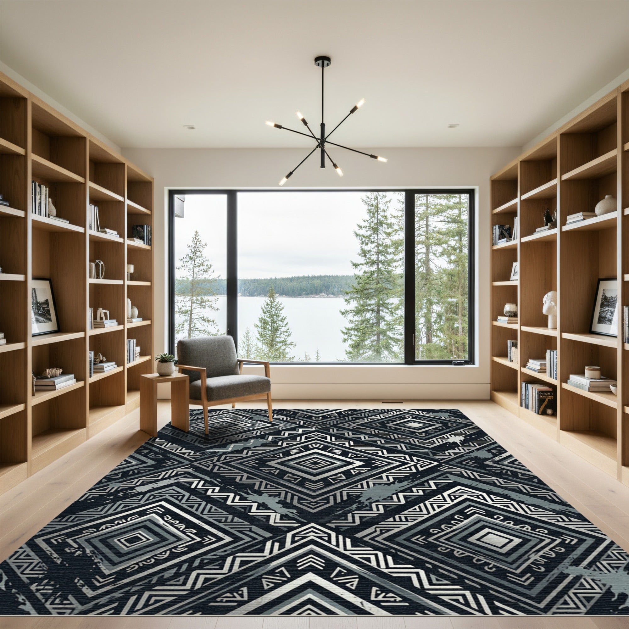 Monochrome Silver Tribal Diamond Geometric Rug
