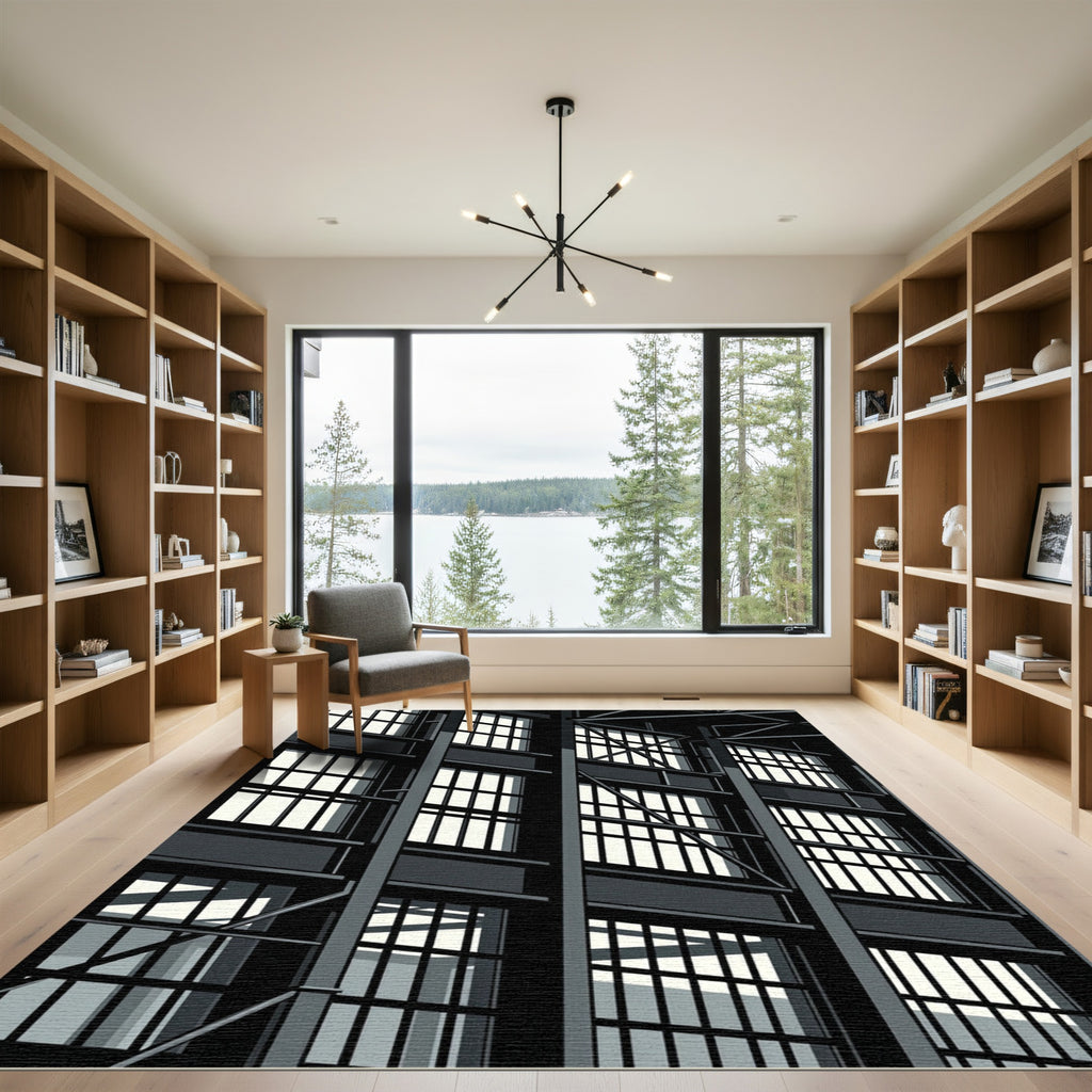 Monochrome Industrial Grid Architectural Rug