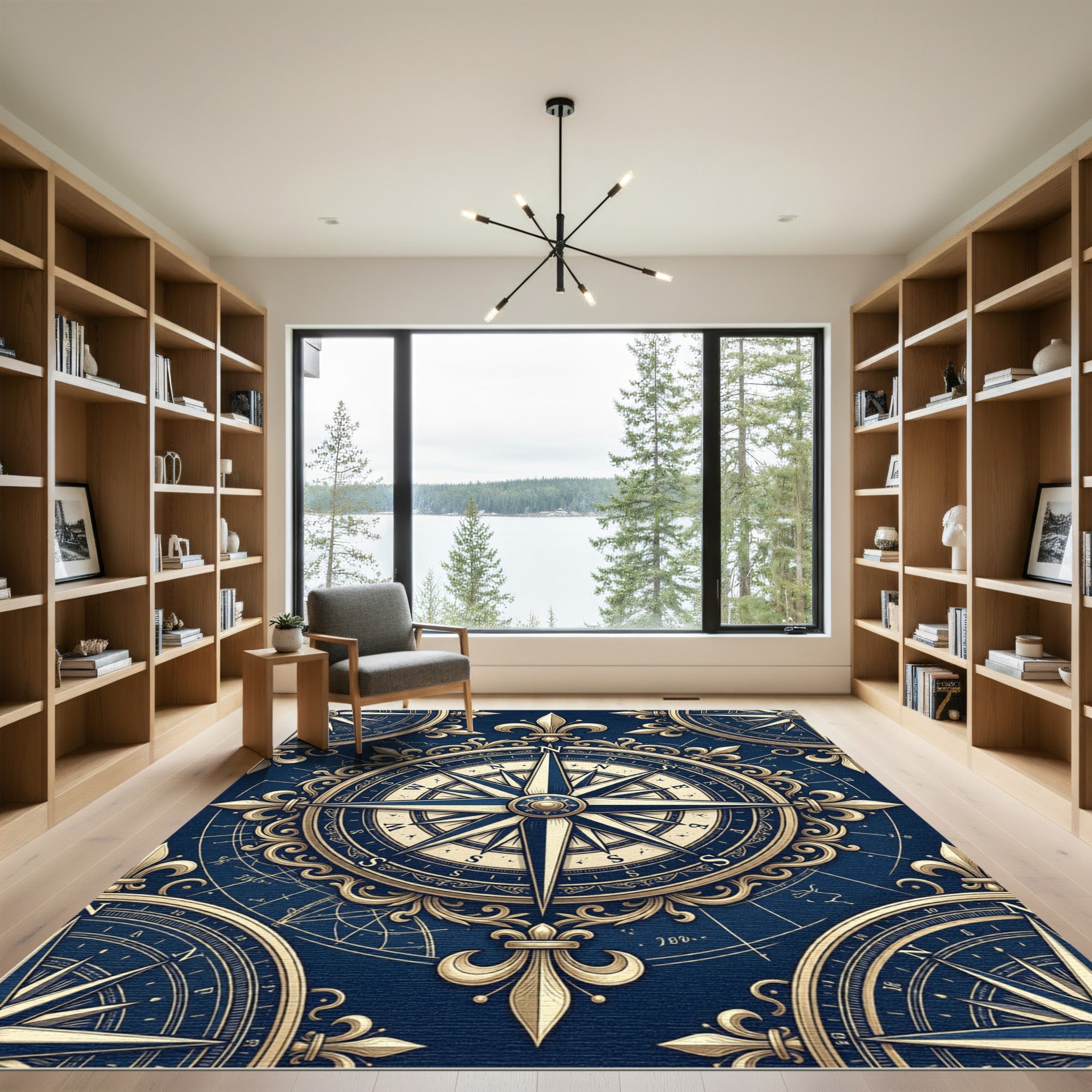 Golden Nautical Compass Royal Blue Antiquity Rug
