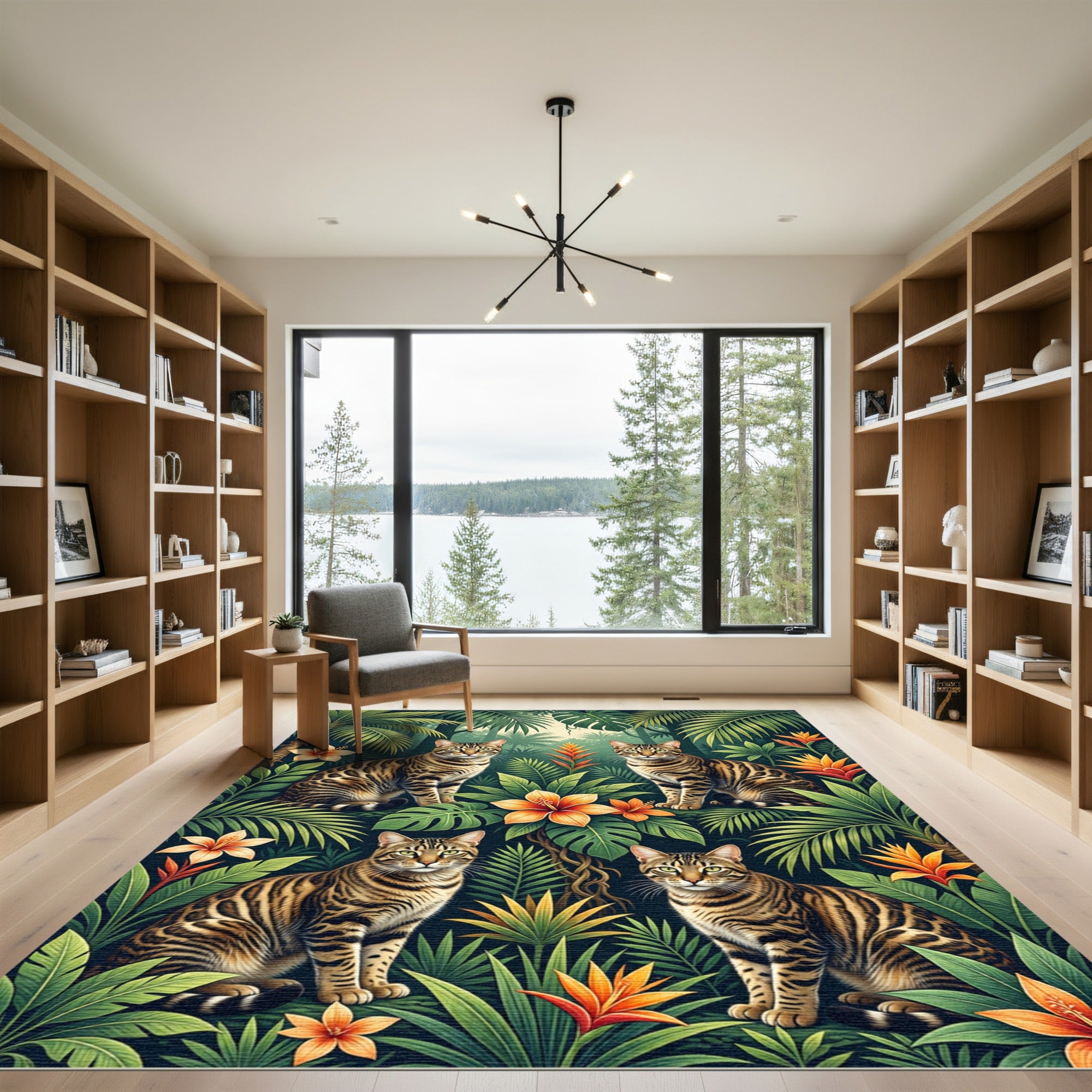 Vibrant Jungle Cats Tropical Blooms Rug