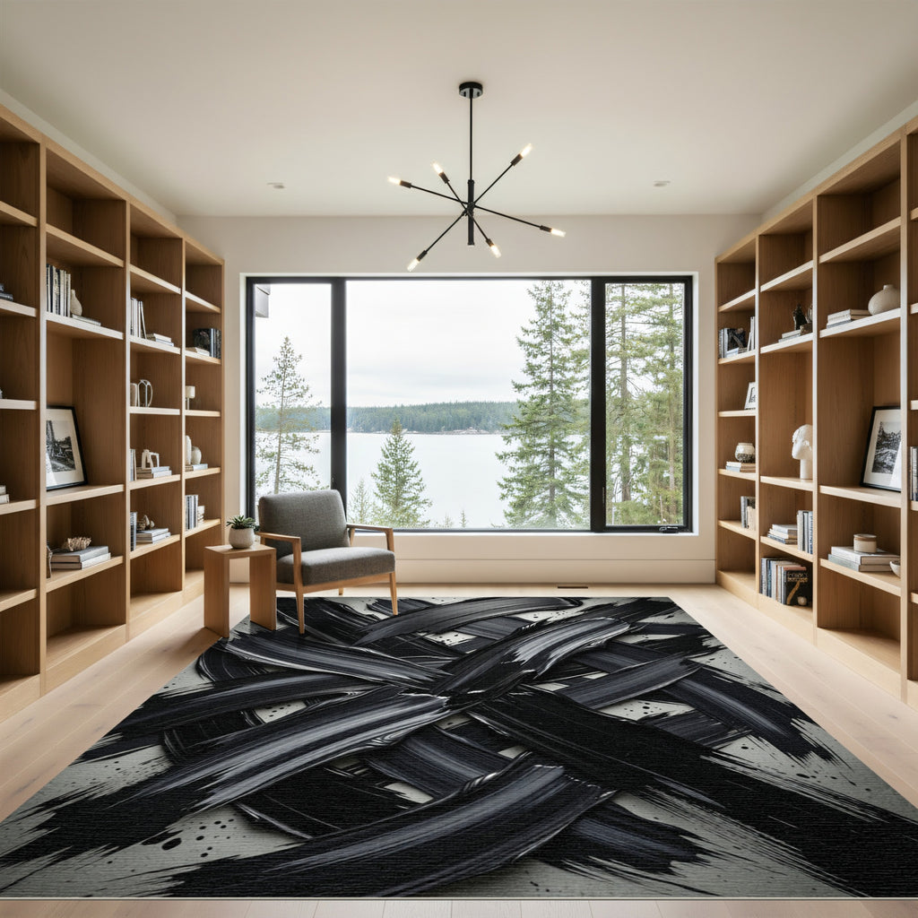 Bold Black Abstract Impasto Stroke Rug