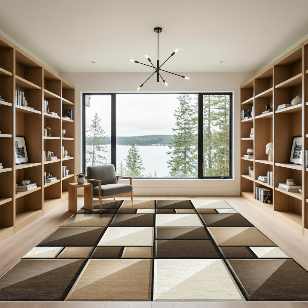 Ombre Brown Cream Geometric Squares Rug