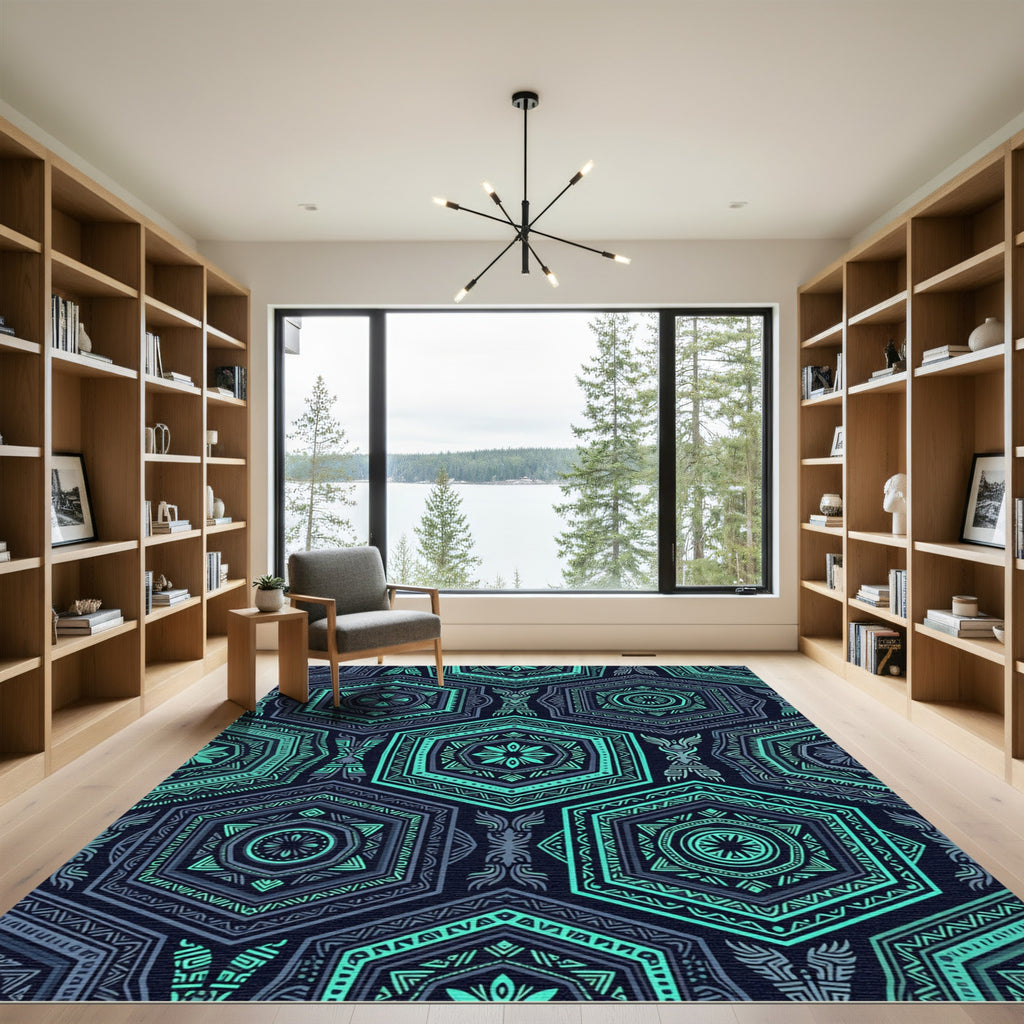 Teal Geometric Tribal Hexagons Rug