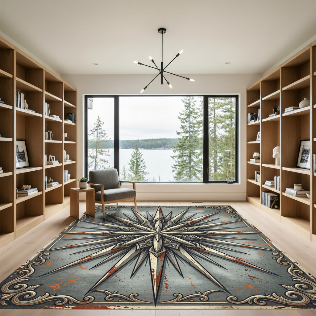 Rustic Metallic Starburst Compass Medallion Rug