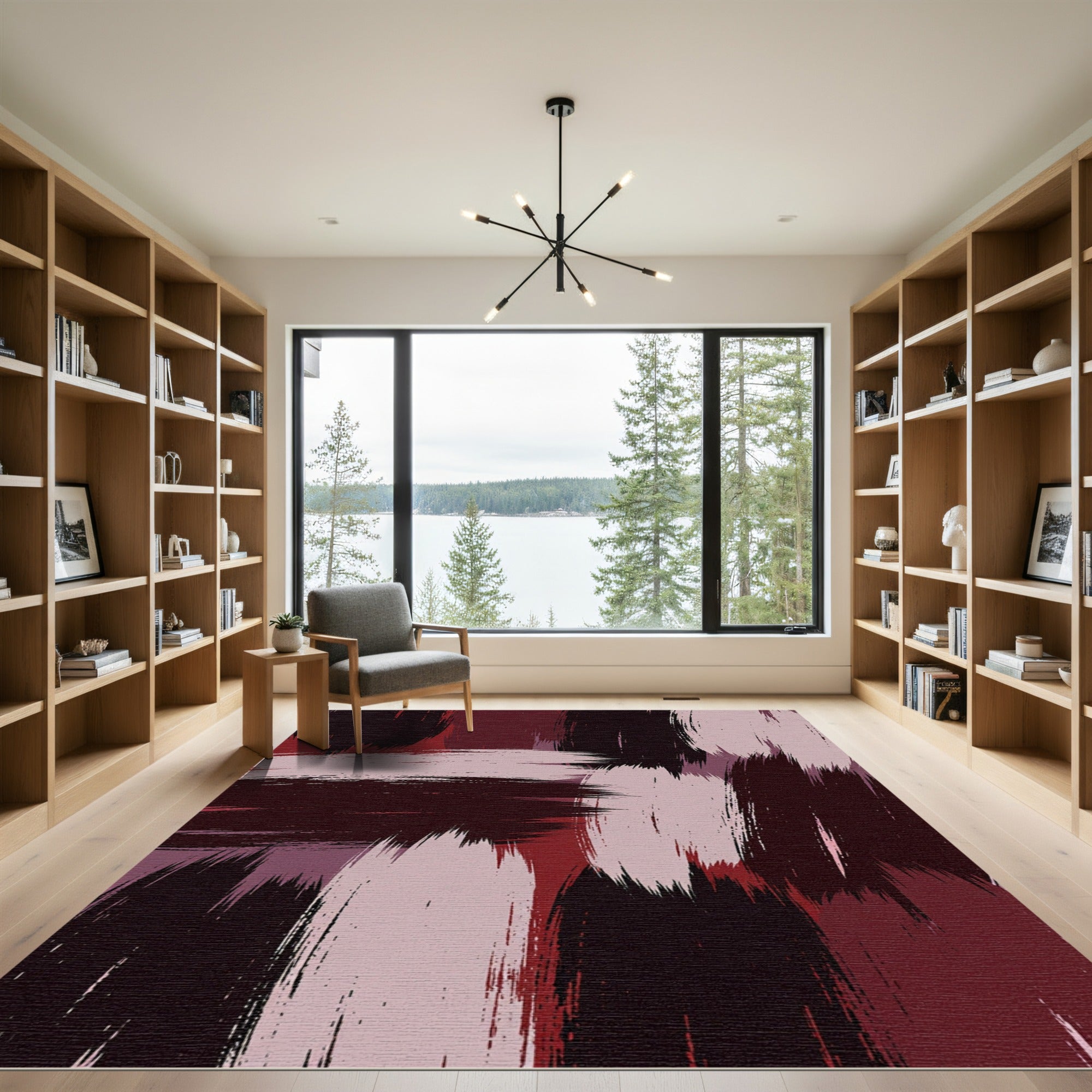 Bold Burgundy and Blush Abstract Brushstroke Rug