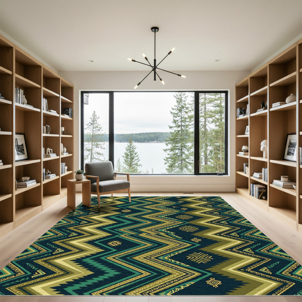 Geometric Chevron Olive And Teal Ikat Rug