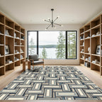 Geometric Beige and Blue Interlocking Block Rug