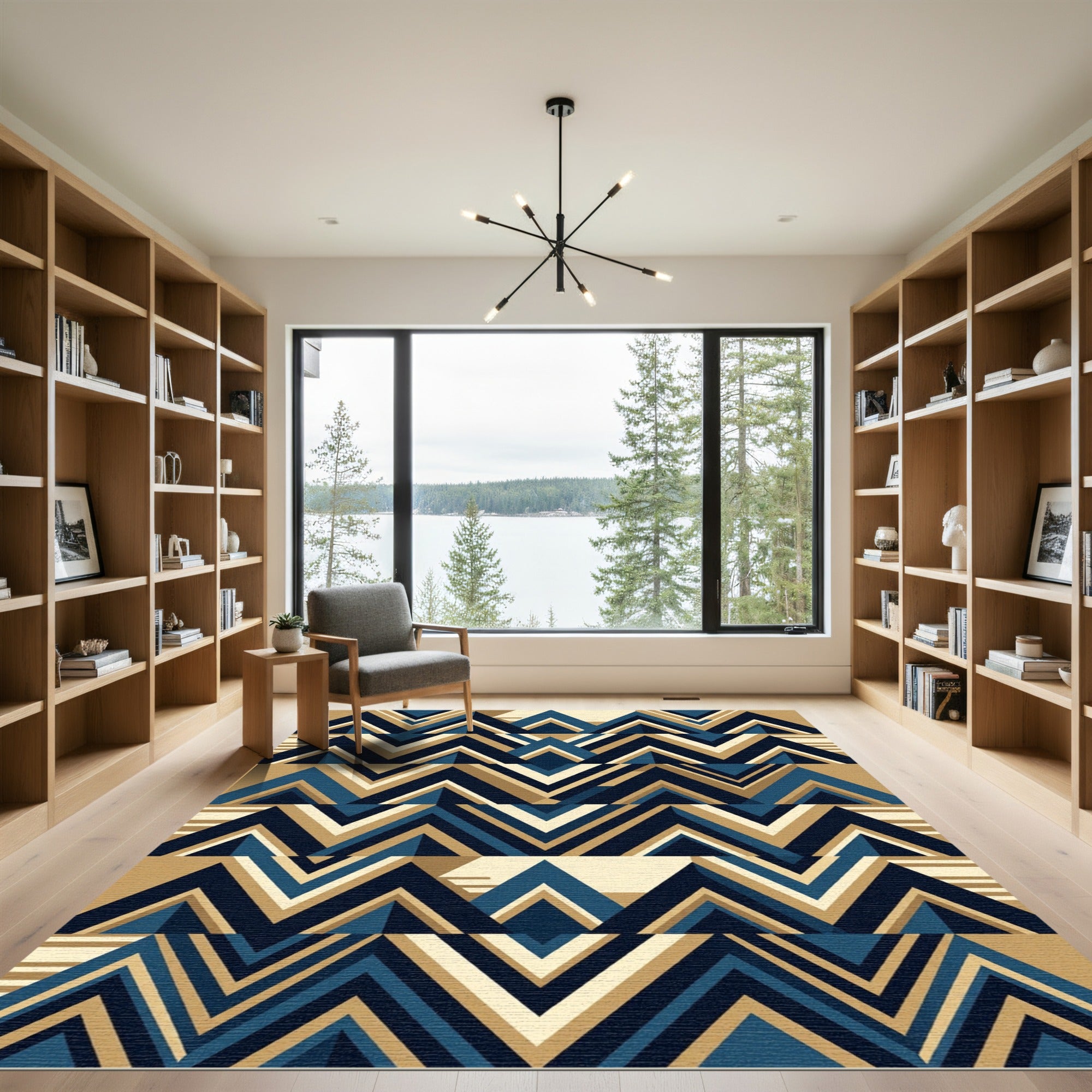 Geometric Blue and Gold Chevron Zigzag Rug