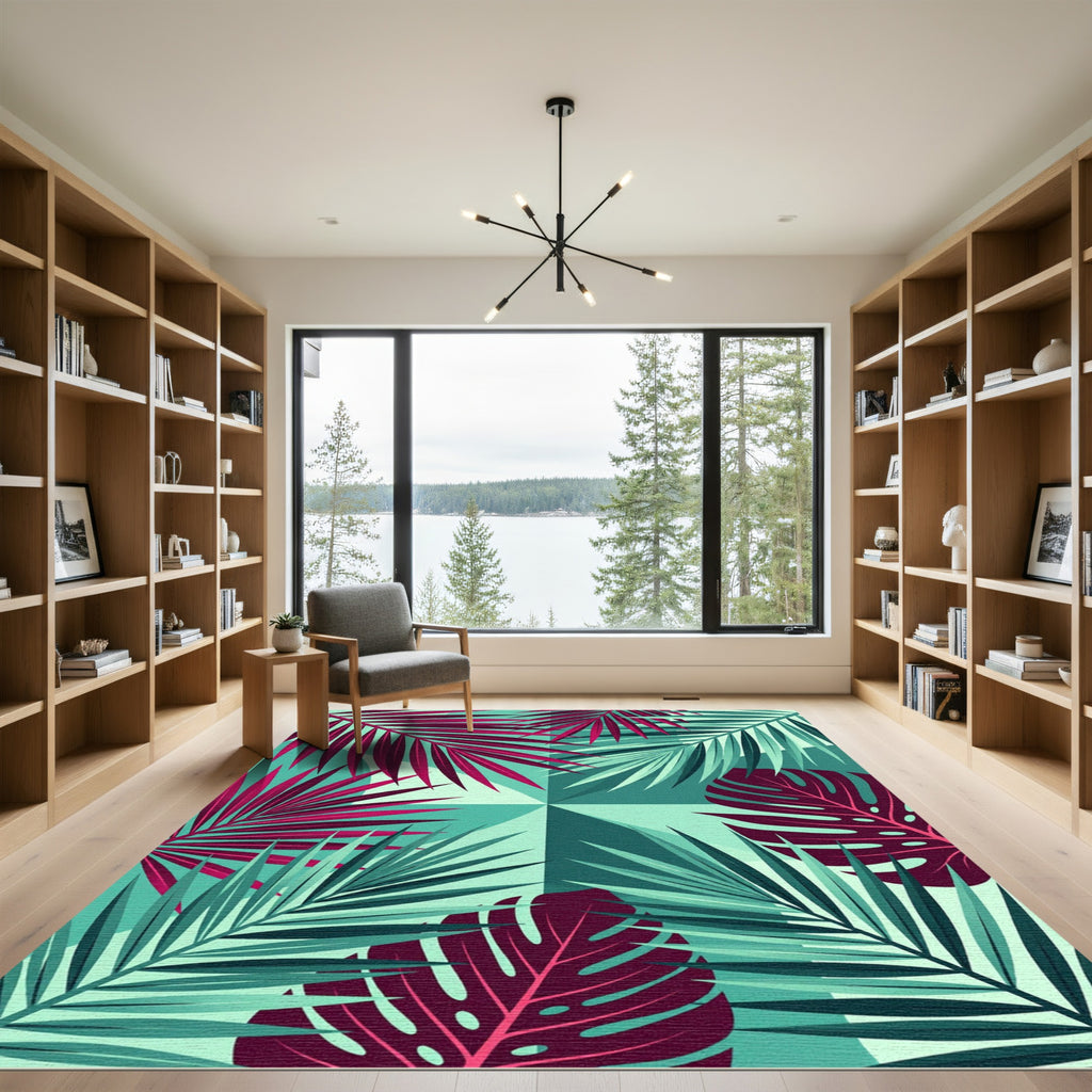 Vibrant Magenta Teal Tropical Foliage Rug