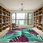 Vibrant Magenta Teal Tropical Foliage Rug