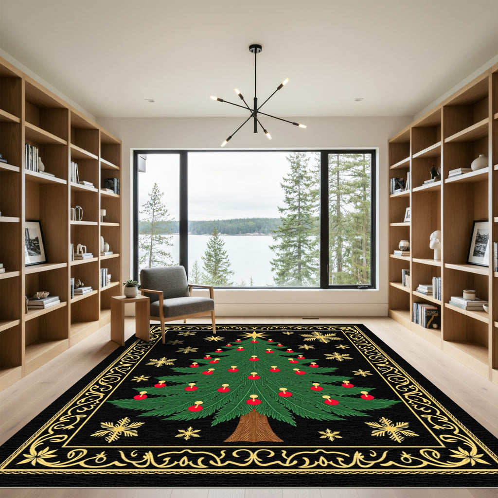 Festive Green Christmas Tree Gold Snowflakes Rug