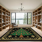 Festive Green Christmas Tree Gold Snowflakes Rug