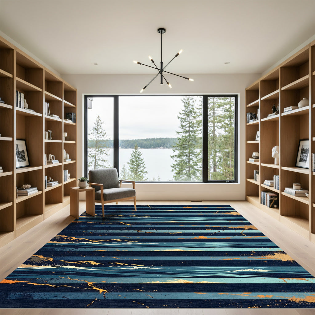 Golden Ocean Waves on Navy Stripes Rug