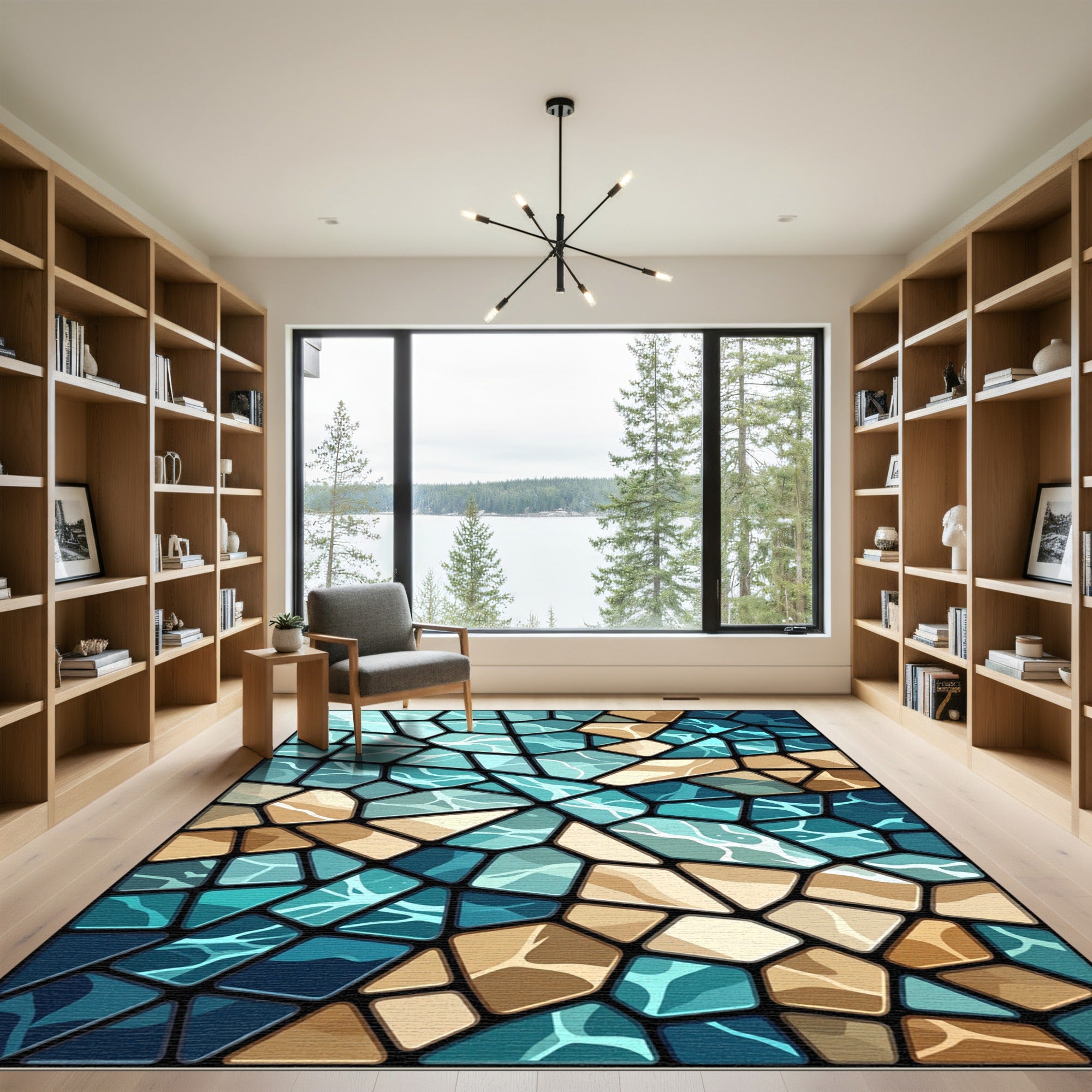 Iridescent Teal Amber Stone Mosaic Rug