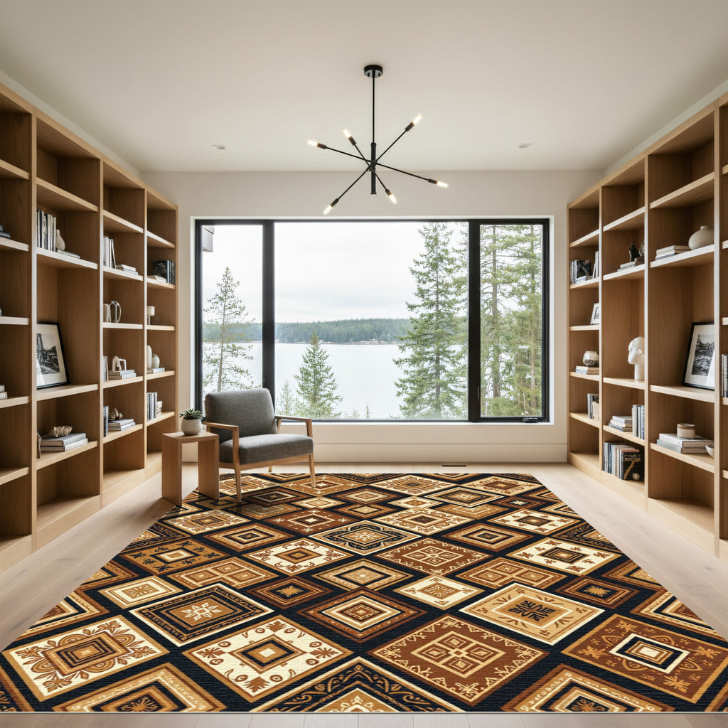 Geometric Earthy Brown Diamond Tile Rug