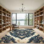 Ornate Blue Ivory Damask Medallion Rug