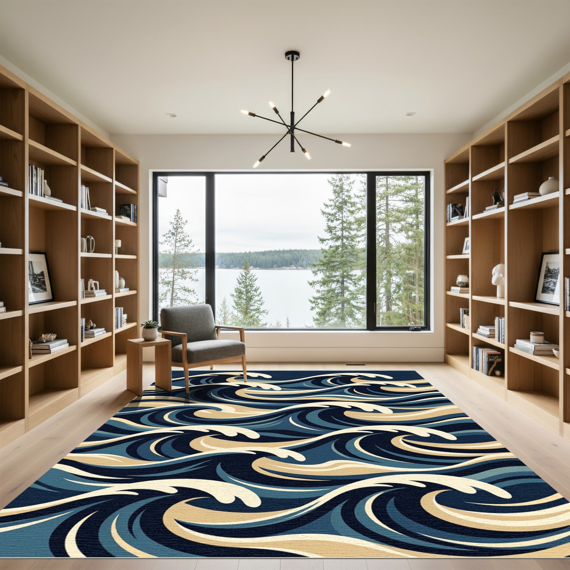 Deep Blue Golden Wave Abstract Rug