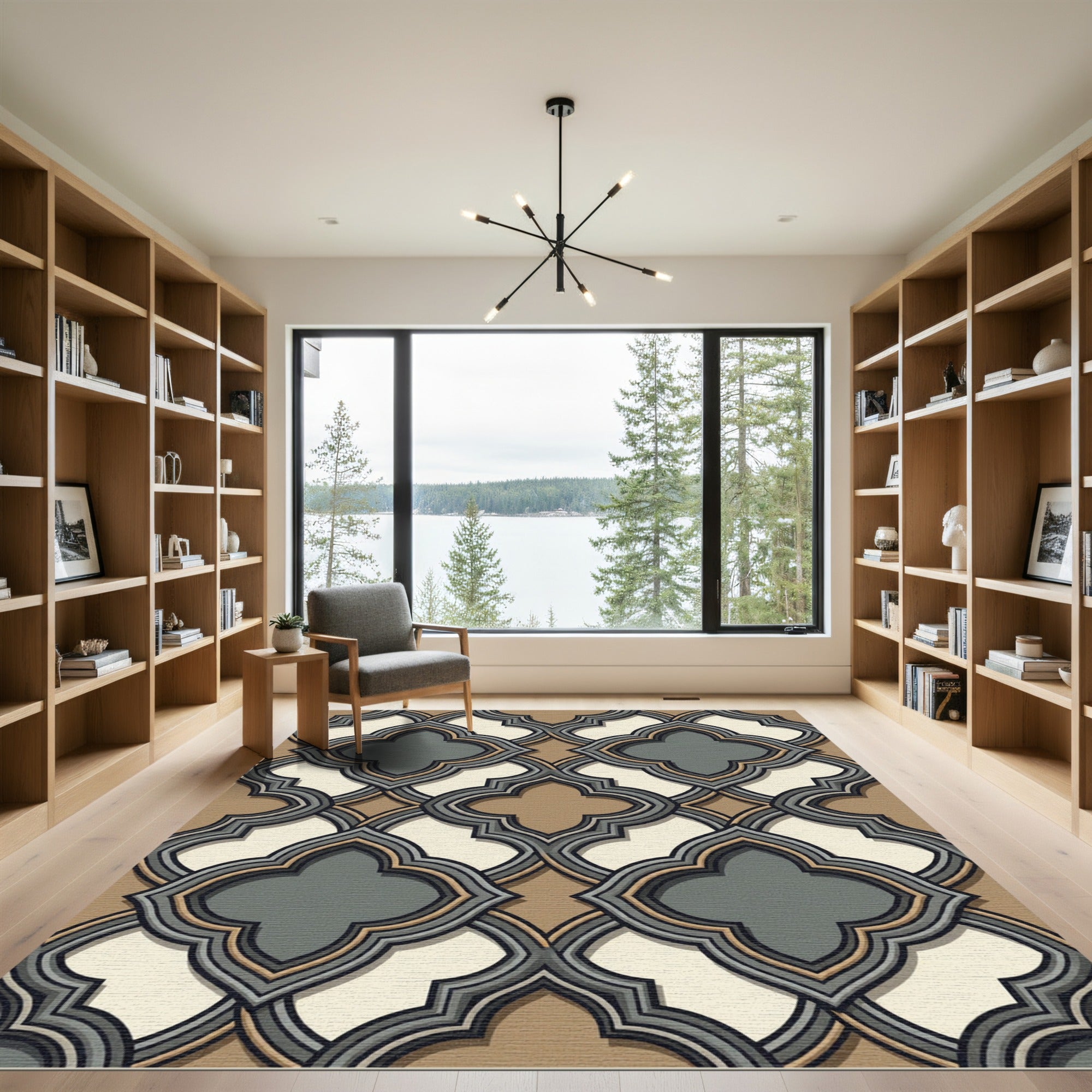 Elegant Charcoal Beige Quatrefoil Geometric Rug