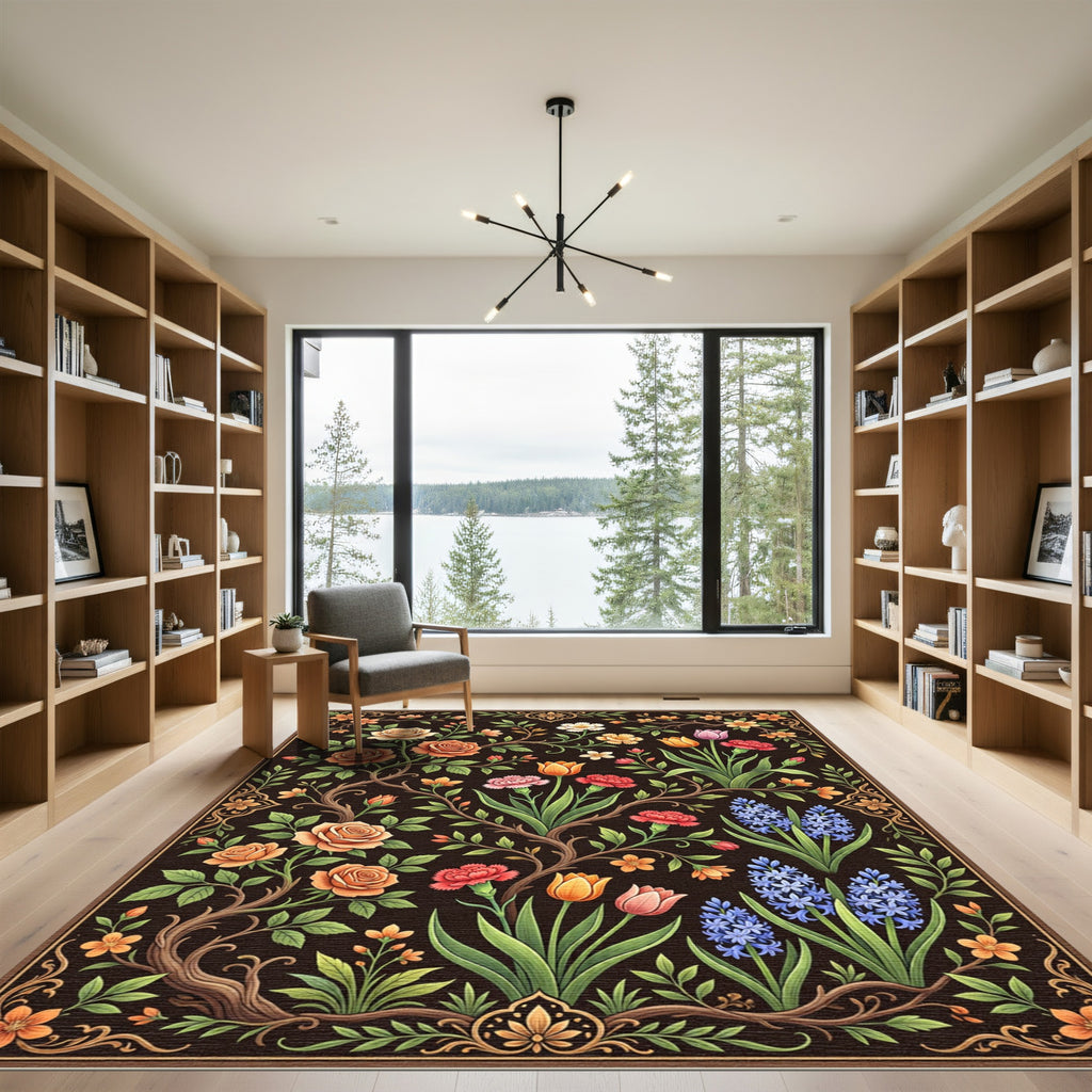 Rich Orange Rose Floral Garden Rug
